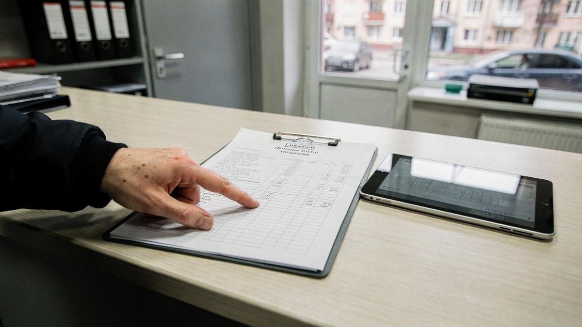 Intake desk at the Kyiv branch with a printed work order and a diagnostic tablet on the counter