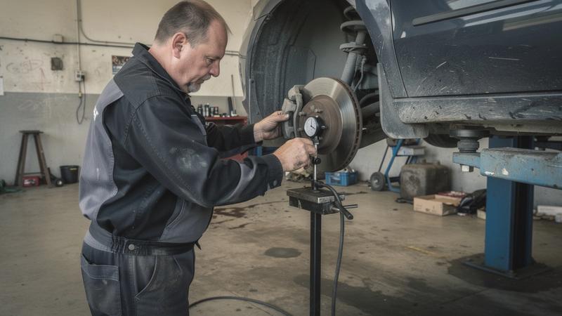Technician measuring front brake disc runout with a dial gauge on a lift