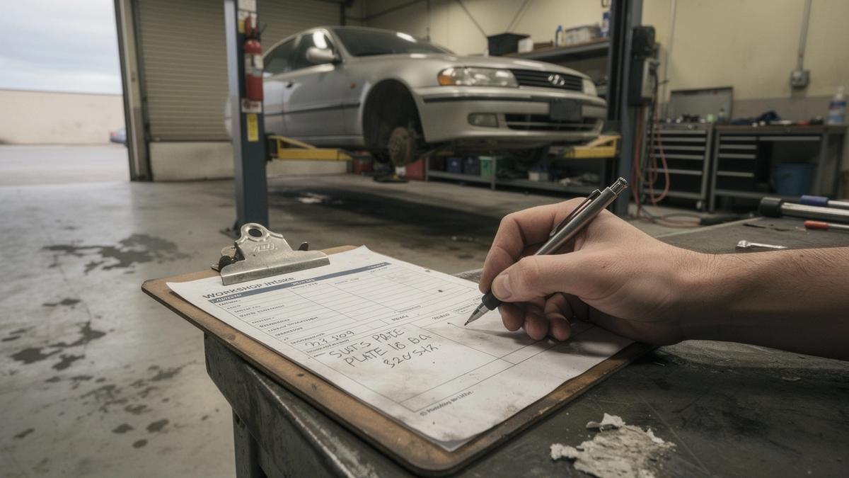 Technician writing an intake sheet beside a vehicle raised on a workshop lift